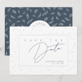 Elegante Navy Leaf Monogram Save The Date (Voorkant / Achterkant)