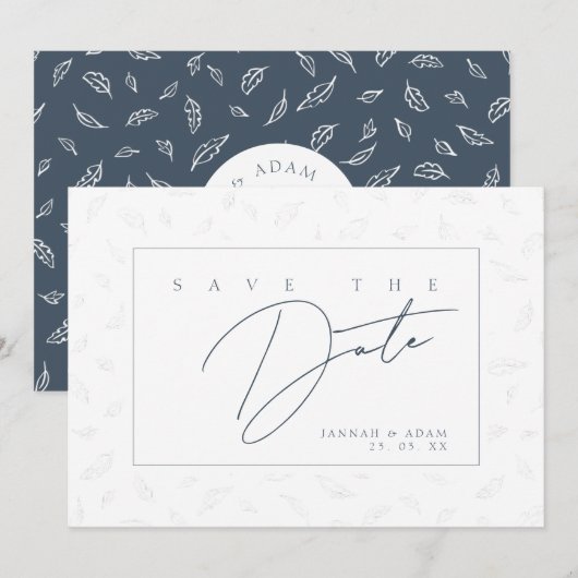 Elegante Navy Leaf Monogram Save The Date (Voorkant / Achterkant)
