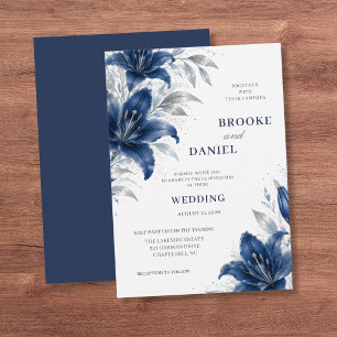 Elegante Navy Lelie Zilveren Glitter Bruiloft Kaart