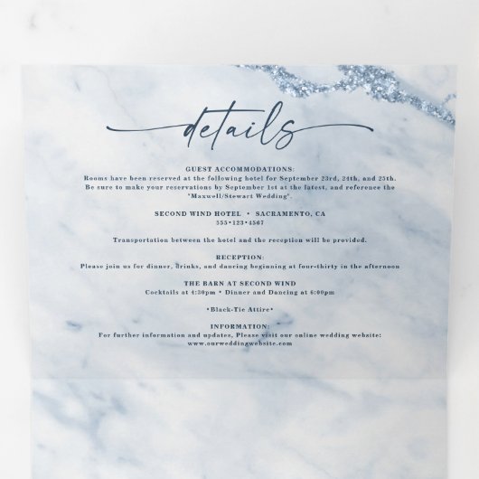 Elegante Navy & Lichtblauw Marmer met Folie bruilo Drieluik Uitnodiging (Binnenzijde eerst)