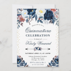 Elegante Navy & Lichtblauwe Bloemige Quinceañera Kaart