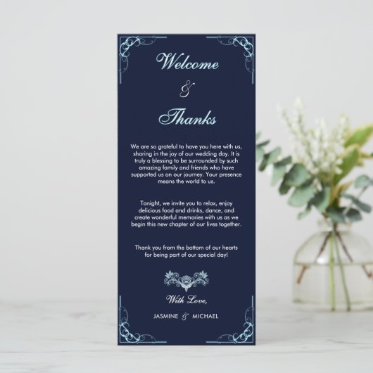 Elegante Navy & Light Blue Script Welkom Bedankt (Staand voorkant)