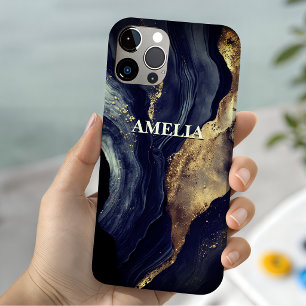 Elegante navy marmeren kunst nep goud glitter Case-Mate iPhone 14 hoesje