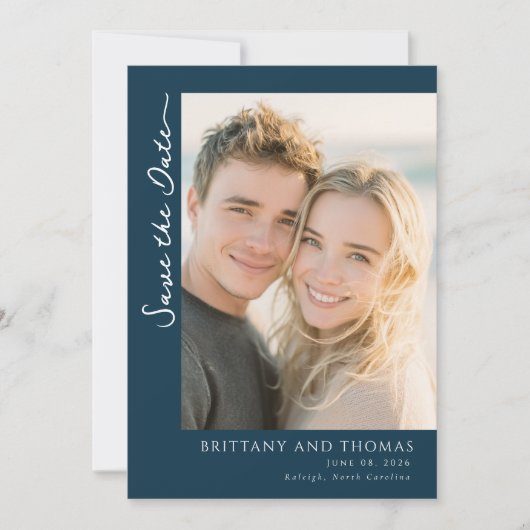 Elegante Navy Minimalistische Foto Save The Date (Voorkant)