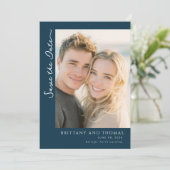 Elegante Navy Minimalistische Foto Save The Date (Staand voorkant)