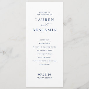 Elegante Navy Minimalistische Huwelijksceremonie Programmakaart
