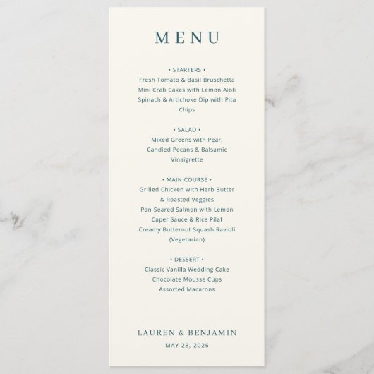 Elegante Navy Minimalistische Menu (Voorkant)