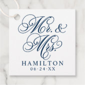 Elegante Navy Mr en Mrs Script Aangepast Monogram Bedankjes Labels (Voorkant)