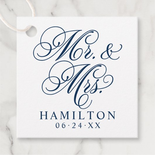Elegante Navy Mr en Mrs Script Aangepast Monogram Bedankjes Labels (Voorkant)