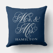 Elegante Navy Mr en Mrs Script Aangepast Monogram Kussen (Achterkant)
