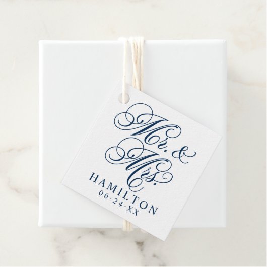 Elegante Navy Mr en Mrs Script Monogram Bedankjes Labels (In situ)