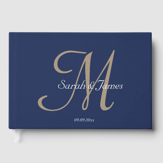 Elegante Navy naam Monogram Script Wedding Party Gastenboek (Voorkant)