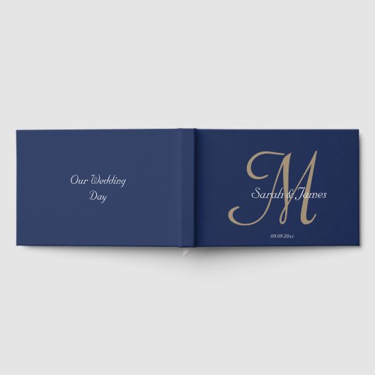 Elegante Navy naam Monogram Script Wedding Party Gastenboek (Volledig)
