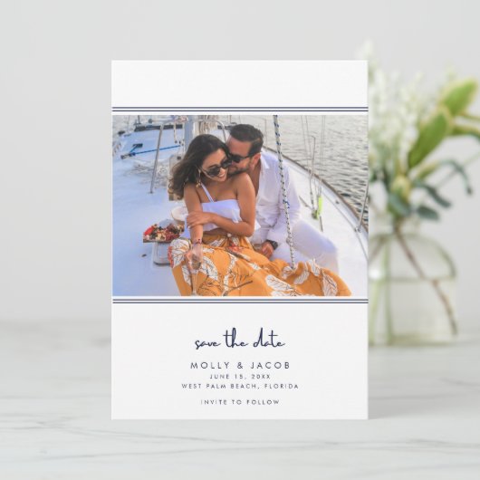 Elegante Navy Nautical Photo Wedding Save the Date (Staand voorkant)