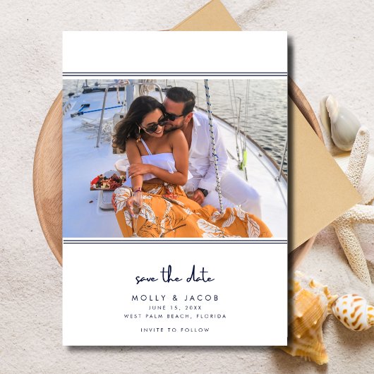 Elegante Navy Nautical Photo Wedding Save the Date