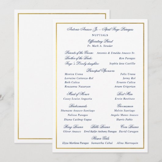 Elegante Navy Nepgoud Rand Aangepaste Entourage Kaart (Voorkant / Achterkant)
