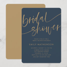 Elegante Navy Nepgoud Typografie Bruidsdouche Kaart
