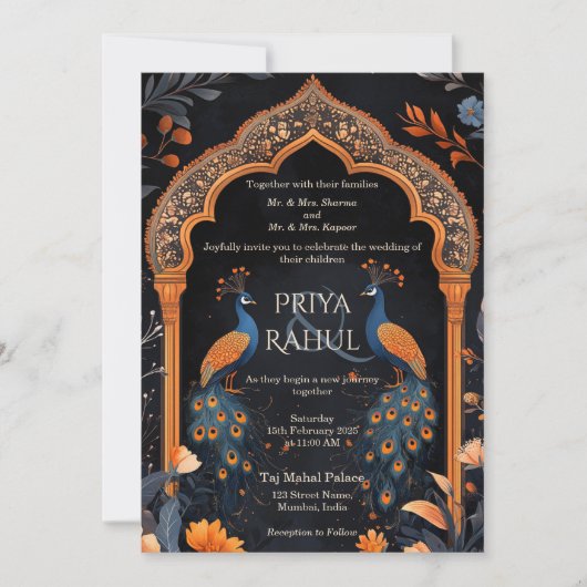 Elegante Navy Peacocks Arch Indiase bruiloft Kaart (Voorkant)