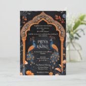 Elegante  Navy Peacocks Arch Indiase bruiloft Kaart (Staand voorkant)