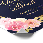 Elegante Navy Pink Floral Wedding Guest Book Sign Poster (Hoek)