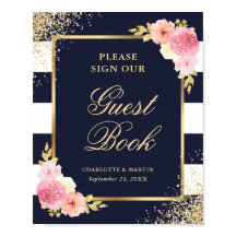 Elegante Navy Pink Floral Wedding Guest Book Sign