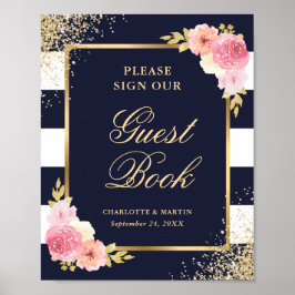 Elegante Navy Pink Floral Wedding Guest Book Sign Poster