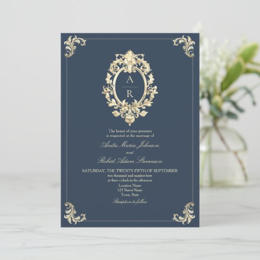Elegante Navy QR Code Wedding Kaart (Staand voorkant)
