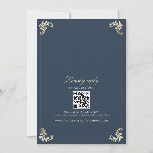 Elegante Navy QR Code Wedding Kaart (Achterkant)