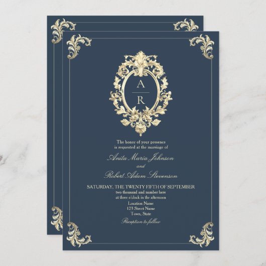 Elegante Navy QR Code Wedding Kaart (Voorkant / Achterkant)