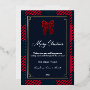 Elegante Navy & Rode Buffalo Plaid Strik Kerstmis Folie Feestdagenkaart