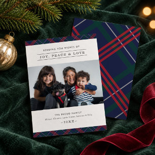 Elegante Navy Rood Groen Tartan Plaid Familie Foto Feestdagenkaart