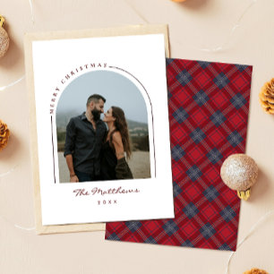 Elegante Navy Rood Tartan Schotse Plaid Boog Famil Feestdagenkaart