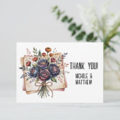 Elegante Navy Roos en Coral Wedding Bedankkaart (Staand voorkant)