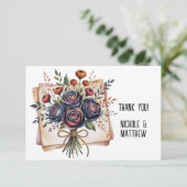 Elegante Navy Roos en Coral Wedding Bedankkaart (Staand voorkant)