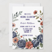 Elegante Navy Roos en Coral Wedding Kaart (Voorkant)