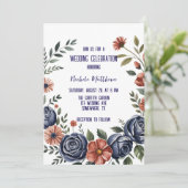 Elegante Navy Roos en Coral Wedding Kaart (Staand voorkant)