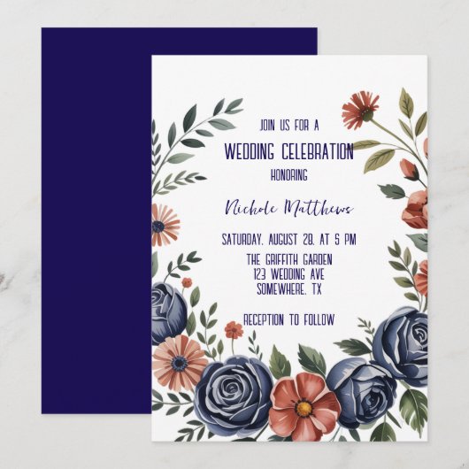 Elegante Navy Roos en Coral Wedding Kaart (Voorkant / Achterkant)