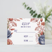Elegante Navy Roos en Coral Wedding RSVP Kaartje (Staand voorkant)