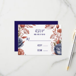 Elegante Navy Roos en Coral Wedding RSVP Kaartje
