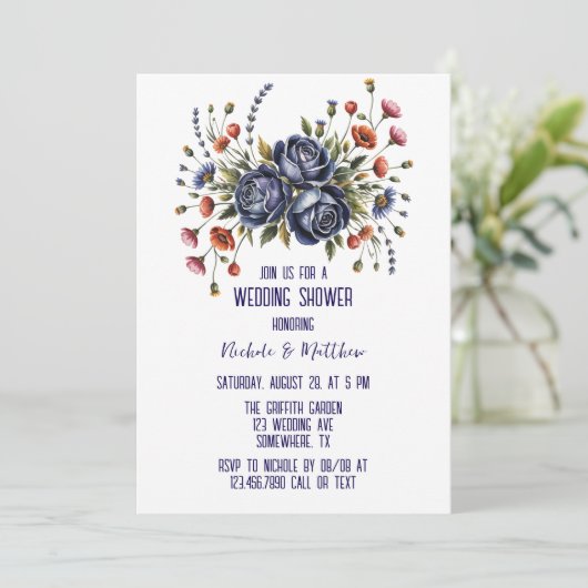 Elegante Navy Roos en Terracotta Bloemen Huwelijk Kaart (Staand voorkant)