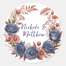 Elegante Navy Roos en Terracotta Bloemen Huwelijk Ronde Sticker