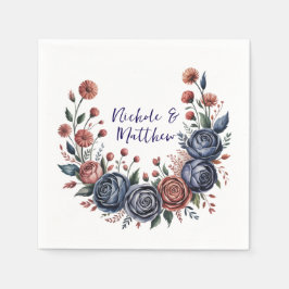 Elegante Navy Roos en Terracotta Bloemen Huwelijk Servet