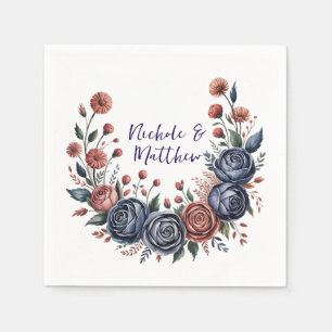 Elegante Navy Roos en Terracotta Bloemen Huwelijk Servet