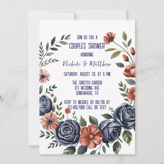 Elegante Navy Roos en Terracotta Paren Douche Kaart (Voorkant)