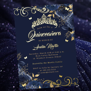 Elegante Navy Roos Gold Swirl Quinceanera Folie Uitnodiging