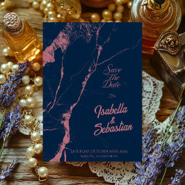 Elegante Navy & Roos Marmer Save the Date wieden Kaart