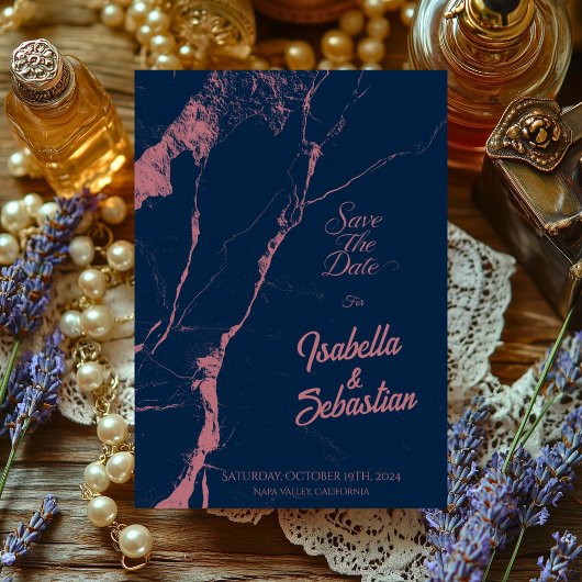 Elegante Navy & Roos Marmer Save the Date wieden Kaart