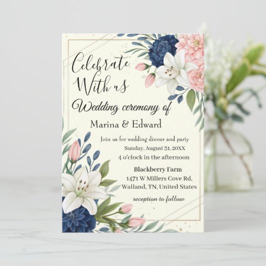 Elegante Navy Roze Bloemige Trouw Uitnodiging (Staand voorkant)