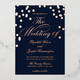 Elegante Navy Roze Gouden Confetti Bruiloft  Folie Uitnodiging