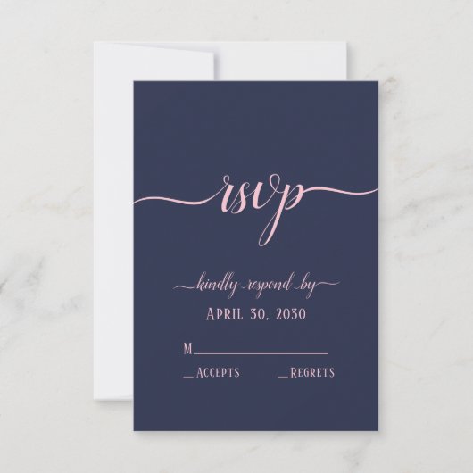 Elegante Navy Roze Script Minimaal Huwelijk RSVP Kaartje (Voorkant)